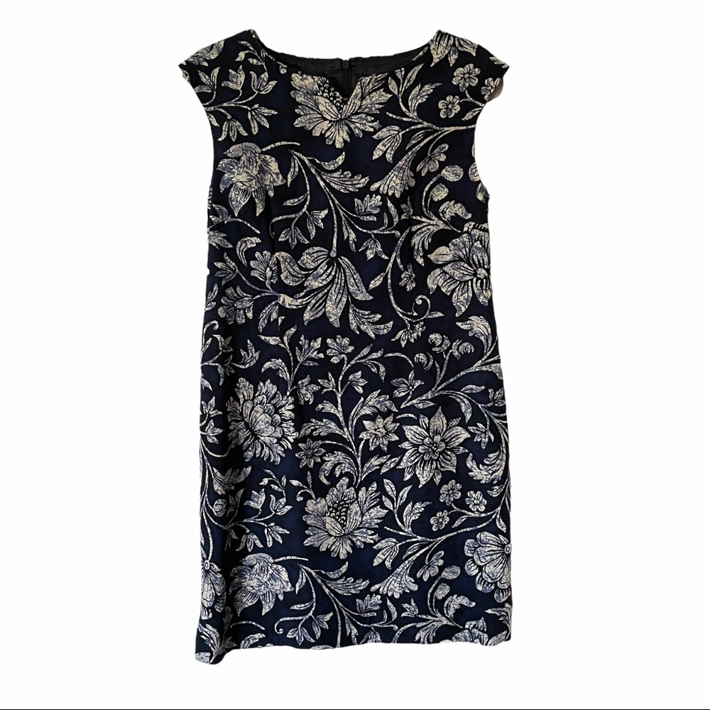Talbots Blue Shift Sheath Dress w/Beige Flowers